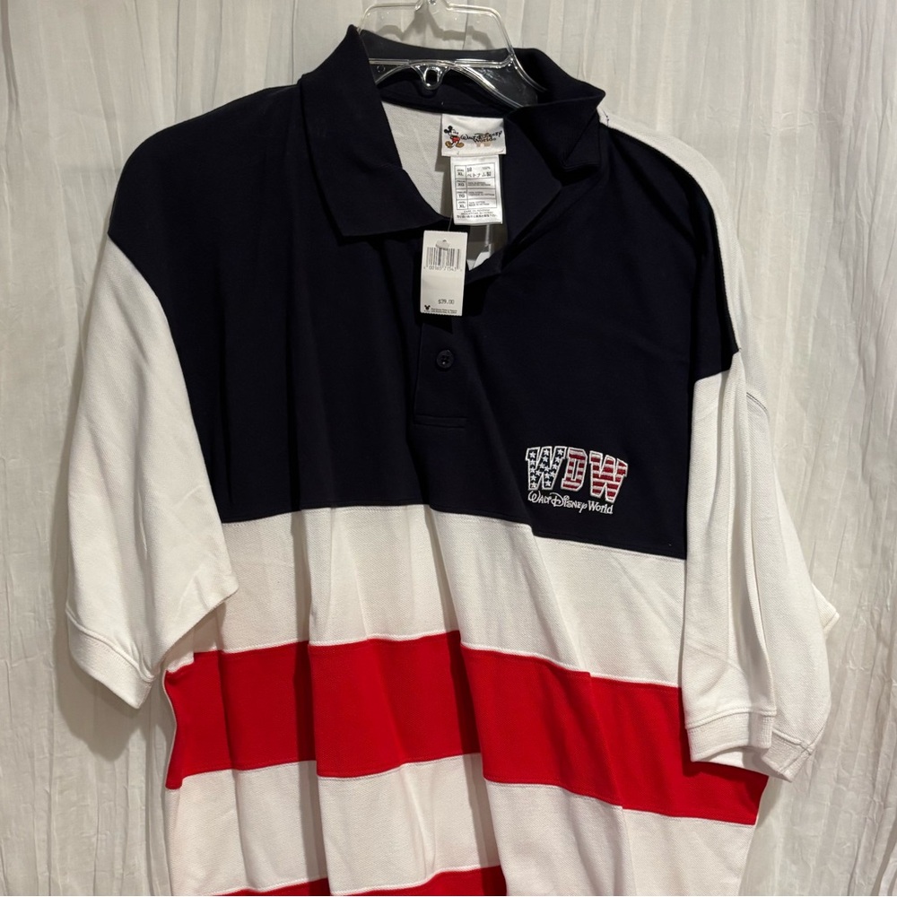 Disney park patriotic polo men’s XL red white blue stripes vacation flag NWT Y2K